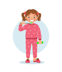 cute little girl in pajamas brushing teeth with toothpaste doing daily routine hygiene activity in bathroom