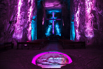 Zipaquira; Cundinamarca; Colombia. January 15, 2015: Salt cathedral with neon lights.