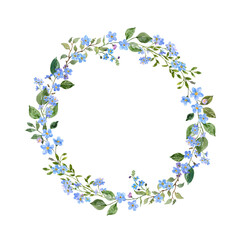 Hand painted watercolor wreath with forget me not flowers. Blue floral frame with greenery and leaves on white background. Wedding invitation template in rustic style. - 488798410