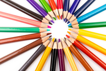 Fototapeta premium Many multicolored pencils, isolated on white background with copy space. Art and education background.