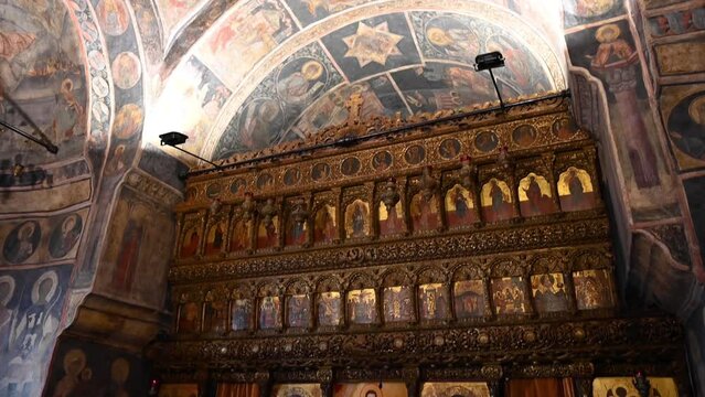 View of frescoes inside Stavropoleos Monastery Church in the center of Bucharest, Romania