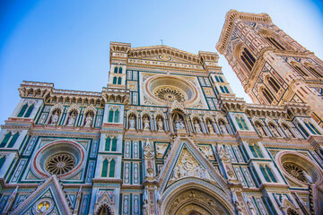 Incredible close view of the walls and facade of Florence Duomo (Cathedral of Santa Maria del Fiore), Tuscany, Italy