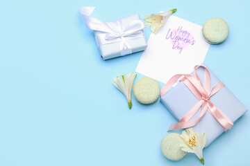 Composition with greeting card for International Women's Day celebration, gifts, macaroons and flowers on color background