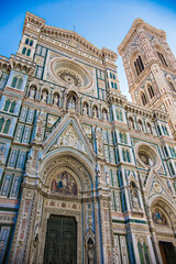Fototapeta premium Incredible close view of the walls and facade of Florence Duomo (Cathedral of Santa Maria del Fiore), Tuscany, Italy