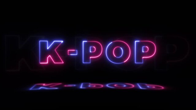 Neon glowing word 'K-POP' on a black background with reflections on a floor. Neon glow signs in seamless loop motion graphic
