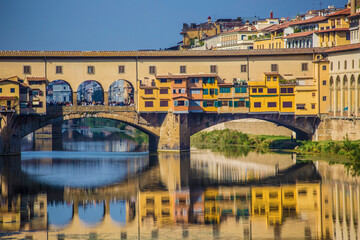 view of bridge  Ponte Vecchio in Florence, old stone bridge, photo taken from Michelangelo Square,...