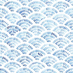 Deurstickers Blauw wit Schattig golvend naadloos aquarelpatroon. Blauwe golven op een witte achtergrond. Papier textuur. Seigaiha-ornament.