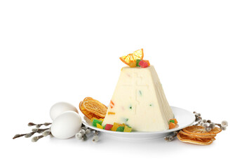 Plate with tasty curd Easter cake, dried fruits, eggs and pussy willow branches on white background