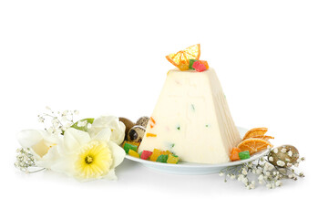 Plate with tasty curd Easter cake, candied fruits and flowers on white background