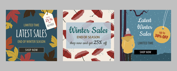 Set of squared banners for end of winter season sales. Multicolored with rainy umbrella pattern, forest landscapes, winter leafs patterns. With price tags, shop now button and offers text. Vector.