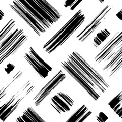 Seamless striped pattern with black diagonal lines isolated on white background. Hand drawn illustration. Abstract texture. Grunge style.