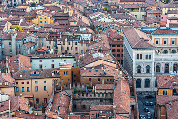 Aerial view of Bologna old town, tile roofs of bologna. Bologna view from the tower, Italy