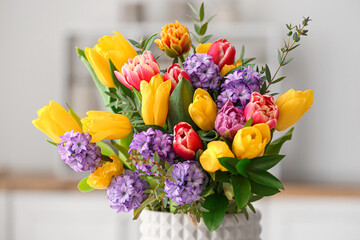 Closeup view of beautiful bouquet with spring flowers