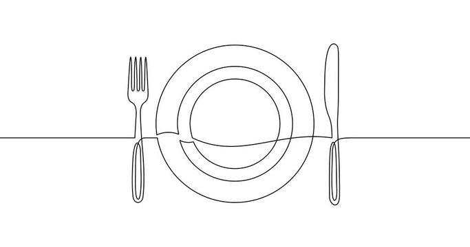 Animation of an image drawn with a continuous line. Plate, fork and knife.
