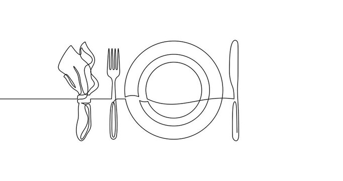 Animation of an image drawn with a continuous line. Plate, napkin, spoon, fork and knife.