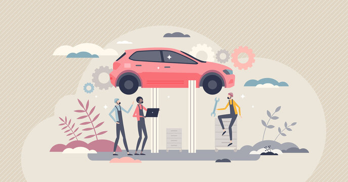 Car mechanic occupation with vehicle repair job skills tiny person concept. Professional automobile service to fix engine, tires or hood problems vector illustration. Auto maintenance and diagnostics.