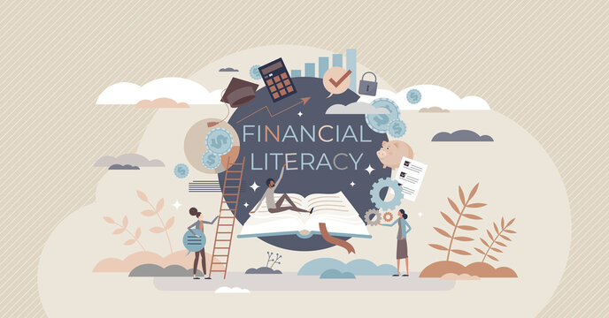 Financial literacy and education with learning from books tiny person concept. Economic knowledge and personal skills development with reading courses vector illustration. Money planning and control.