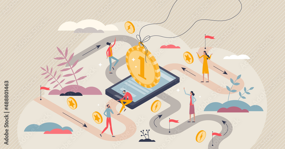Poster gamification web tool with game and challenge elements tiny person concept. online marketing, advert