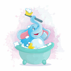 A little elephant takes a bubble bath. A happy cartoon-style character. Children's illustration.