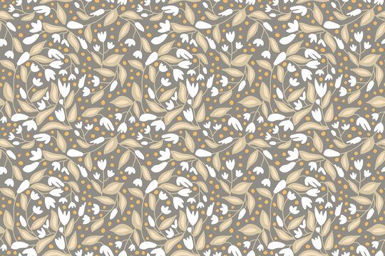 Seamless floral pattern in golden beige, taupe brown, orange and white. 