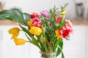 Fototapeta na wymiar Beautiful flowers in vase, closeup