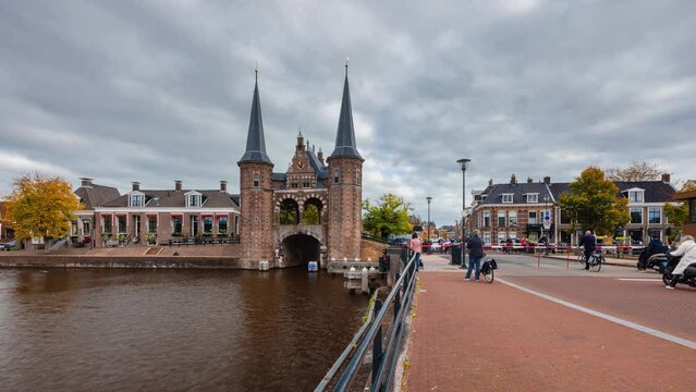 Day Time Lapse with clouds and Gate Waterpoort in Sneek, Friesland, The Netherlands