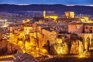 Illuminated picturesque city of Cuenca at dusk. Travel Spain © h368k742