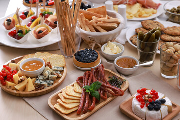 Dishes with different food on table. Luxury brunch