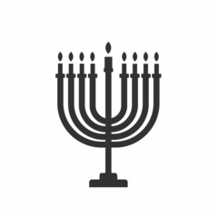 Menora jewish symbol sihouette isolated on white background. Hanukkah candelabrum with nine lit candles. Vector stock