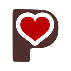 Letter p with heart symbol doodle icon