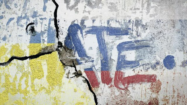Ukrainian and russian flag painted on concrete wall with the text hate on top. war and conflict concept between russia, nato and ukraine 2022.