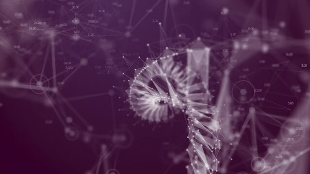 Tech purple background with a white spiral digram and running numbers. Computer graphics