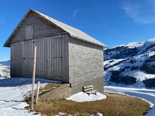 Obraz na płótnie Canvas Indigenous alpine huts and wooden cattle stables on Swiss pastures covered with fresh white snow cover, Alt St. Johann - Obertoggenburg, Switzerland (Schweiz)