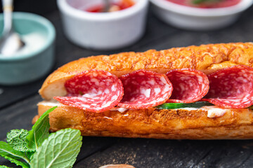 sandwich sausage salami slice fast food fresh meal food snack on the table copy space food background