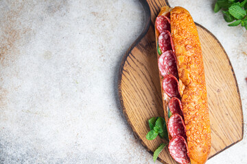 sandwich sausage salami slice fast food fresh meal food snack on the table copy space food...