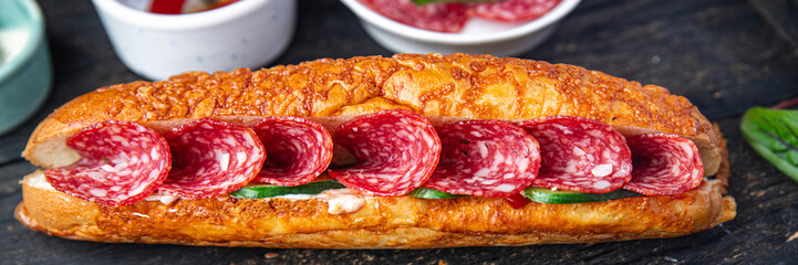 sandwich sausage salami slice fast food fresh meal food snack on the table copy space food background