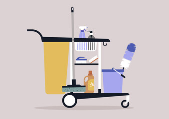 A hotel service cart with cleaning tools and detergents inside, a mop, a feather duster, and washing chemical liquids in bottles