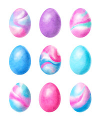 Fototapeta na wymiar Watercolor Easter eggs set. Modern hand drawn spring illustration. Perfect for Easter greeting cards, invitation, stickers, digital scrapbook and other.