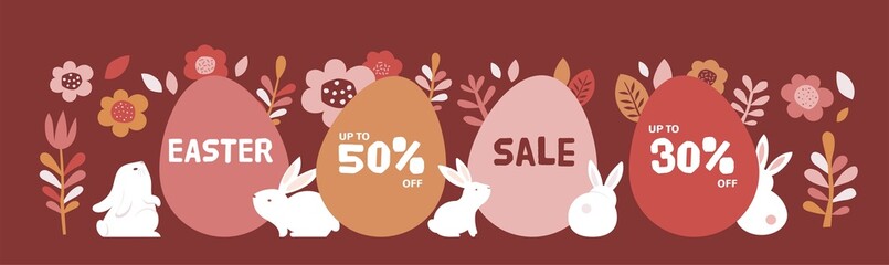Happy Easter banner, poster, greeting card. Trendy Easter design with typography, bunnies, flowers, eggs, bunny ears, in pastel colors. Modern minimal style