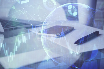 Double exposure of forex graph drawing and cell phone background. Concept of financial data analysis