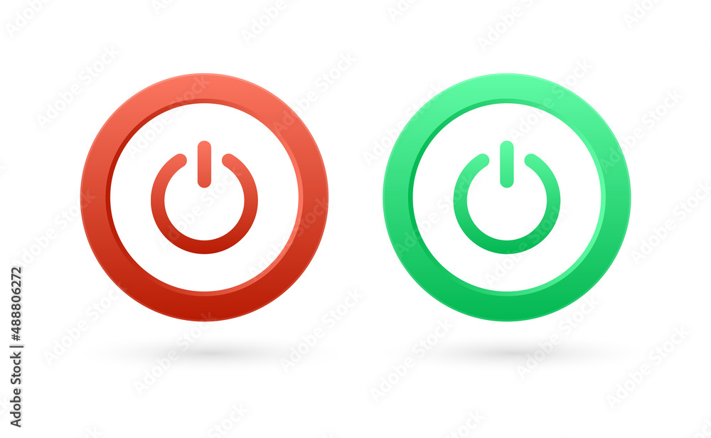 Poster Power icon button with turn on and off buttons in modern frame and shut down switch power icons in round circle buttons in red and green colors	

