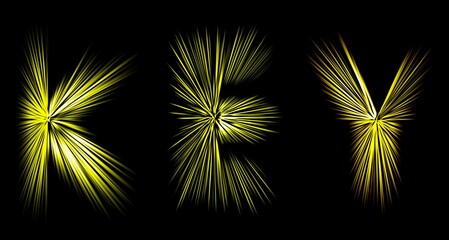 Fototapeta premium Abstract radial zoom blur surface in yellow tones on a black background. Colored letters with radial, diverging, converging lines in the shape of the word key.