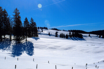 Paysage enneigé dans le Jura, dans la Réserve Naturelle Nationale de la Haute-chaîne du Jura