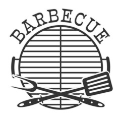 round barbecue BBQ sticker with grill grate, fork and spatula, vector illustration