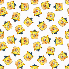 The head of a cheerful bear cub in a hat. Yellow, orange color scheme. Seamless pattern for children.