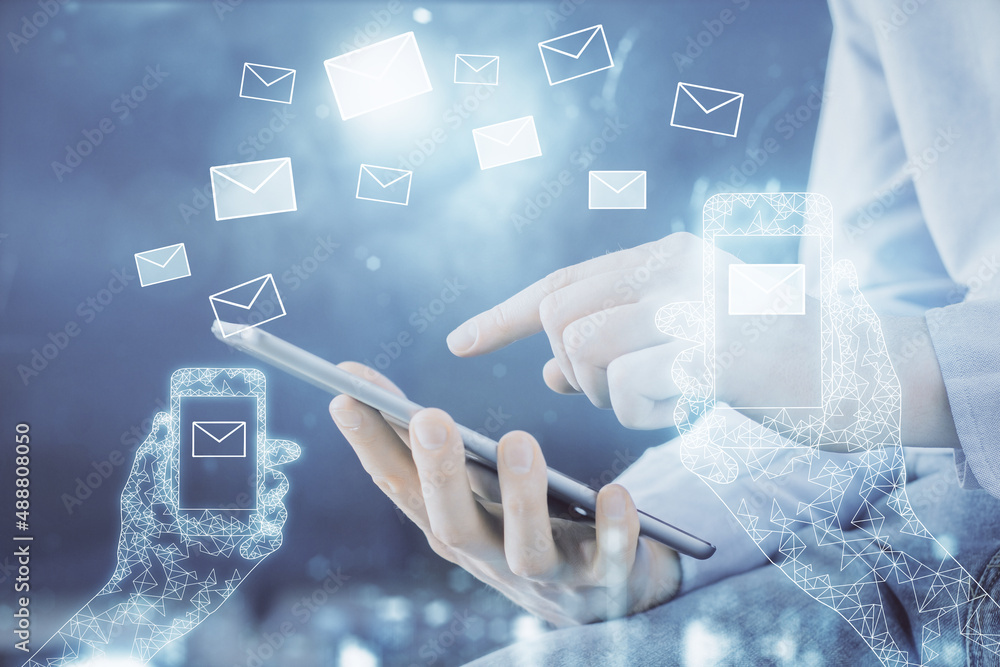 Poster Double exposure of man's hands holding and using a digital device and envelop hologram drawing. E-mail concept.