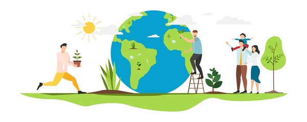 Eco. Save the planet. People live in an ecosystem. Saving eco life. Vector. - obrazy, fototapety, plakaty