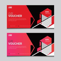 Vector gift voucher template with an arrow, a diamond and a place for the image. Universal white and black flyer template for advertising a gym or business. Blurred photo for an example.