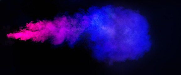 Panoramic view of the abstract neon fog. Colourful cloudiness, mist or smog moves on black background.
