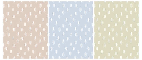 Simple Seamless Vector Patterns with White Hand Drawn Christmas Trees on a Light Blue, Beige and Pale Green Background. Winter Forest Print with Infantile Style Sketched Pine Trees.